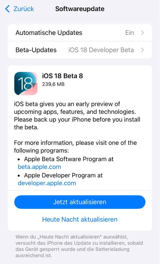 平邑苹果手机维修分享苹果 iOS / iPadOS 18 开发者预览版 Beta 8 发布 